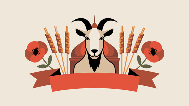 Illustration of goat head surrounded by wheat stalks and poppies with red banner