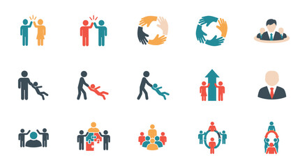 Fototapeta premium Diverse Teamwork and Human Interaction Icons Set on Isolated White Background