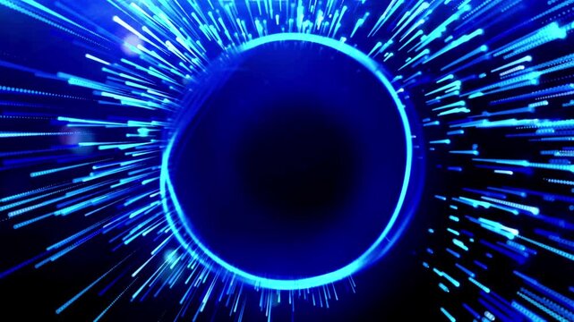 Blue particles burst outward from a neon ring creating a futuristic high speed energy explosion.