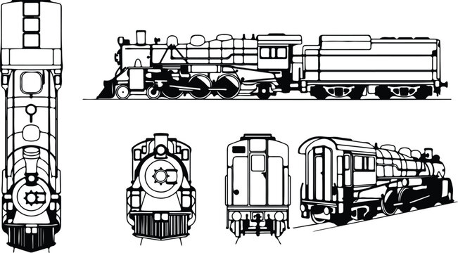 Black and white steam train blueprint set with locomotive and railcar views isolated as clean technical railway line art illustration