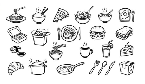 Hand drawn food meal outline icon set with breakfast lunch dinner dishes doodle vector
