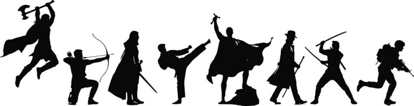 Action character silhouettes set featuring fantasy heroes warriors archer swordsman fighter and adventure combat poses collection