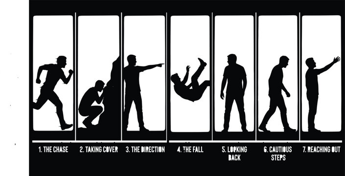 Action sequence silhouettes showing chase cover direction fall cautious steps and reaching gestures cinematic storyboard style illustration