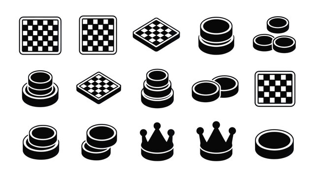 Set of 15 Black and White Chess and Checker Board Game Pieces Vector Icons