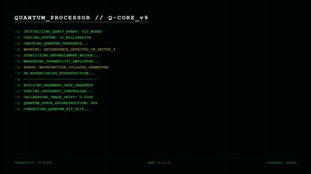 Futuristic Quantum Processor HUD with Green Digital Command Line Interface and Q Core System Qubit Array Initialization Monitoring Screen.