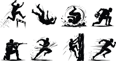 Dynamic action silhouettes collection with running jumping falling climbing shooting and extreme movement scenes for sport and combat illustration © Moslema