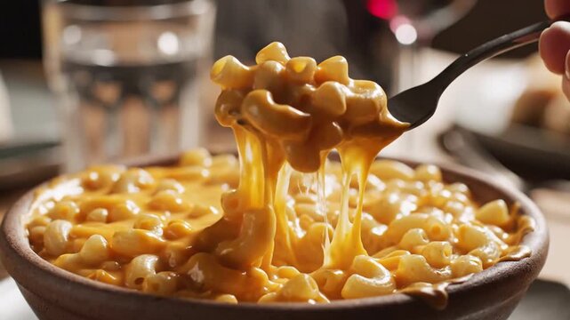 Close up of a fork lifting cheesy macaroni from a bowl.