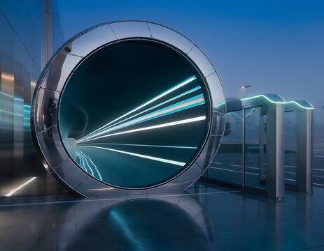 Sleek chrome hyperloop tunnel entrance featuring futuristic motion blur light trails and advanced high speed transportation technology for modern infrastructure concepts