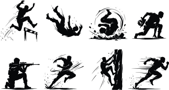 Dynamic action silhouettes collection with running jumping falling climbing shooting and extreme movement scenes for sport and combat illustration