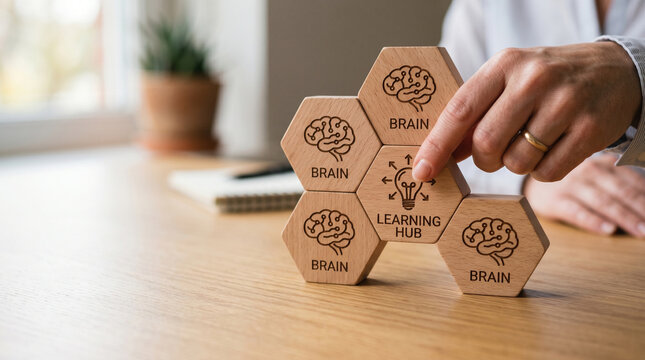 Brain learning hub ai federated learning network, hand pointing wooden hexagon block model on table in office