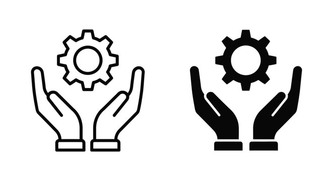 Hands holding gear icon set representing support for technology and engineering development processes