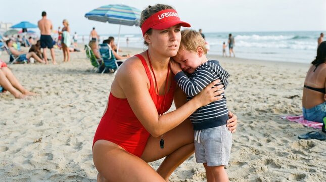 Female lifeguard comforting lost crying child during pediatric wandering reunification on beach
