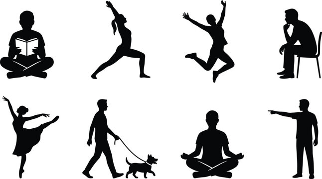 People silhouettes set with yoga meditation dancing reading walking dog and everyday lifestyle human activity poses collection