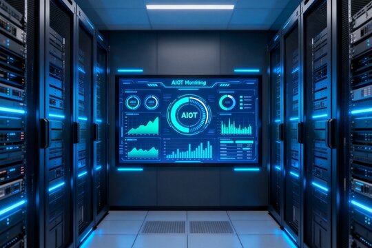 Server room with AIOT monitoring display