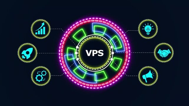 Virtual private server hosting concept with glowing neon elements and business icons on dark background.