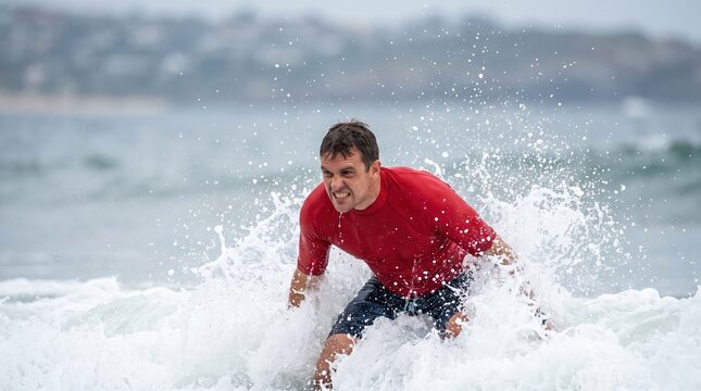 Male coastal rescue swimmer fighting rough ocean riptide current during extreme extraction drill