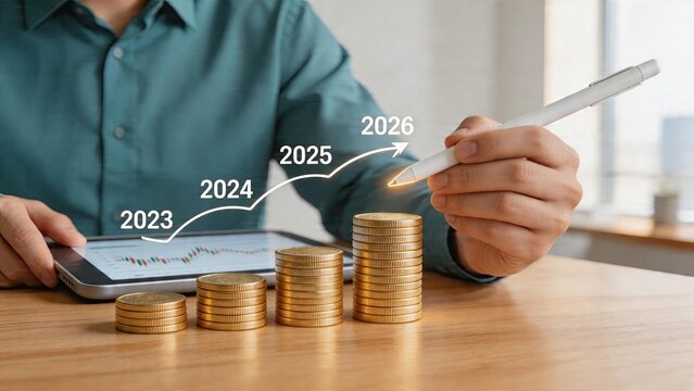 Business man drawing future growth chart with stylus on digital tablet stack of golden coins increasing height for investment success strategy and finance planning concept 2023 to
