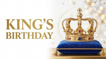 King's Birthday celebration banner, royal gold crown on blue velvet pillow, elegant greeting card with festive bokeh background