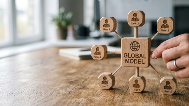 Federated learning network global model ai connection concept on wooden table with hand and user node icon