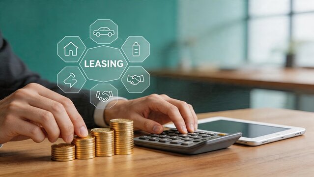 Business man calculating leasing contract costs on calculator stacking coins for finance investment hand holding coin accounting and budgeting financial planning payment