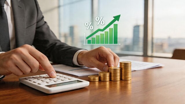 Businessman calculating financial growth on desk with calculator stacks gold coins green rising percentage chart graph arrow pointing up overlay corporate investment money
