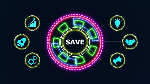 Digital saving concept with animated icons and neon effects symbolizing business growth and investment.