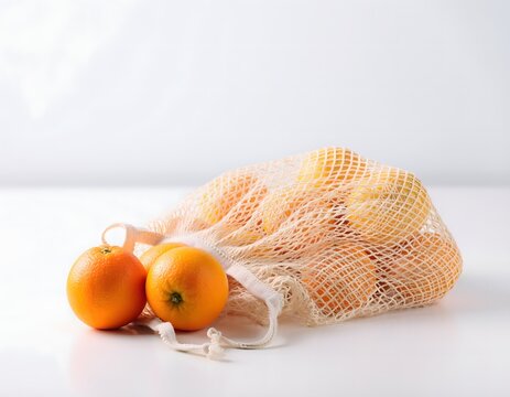 Reusable mesh bag filled with fresh ripe citrus oranges for sustainable grocery shopping and zero waste eco friendly lifestyle concept