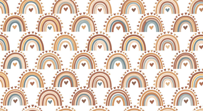 Charming boho-style seamless pattern featuring earth-toned rainbows and tiny hearts for nursery decor, baby clothing, and wallpaper designs.
