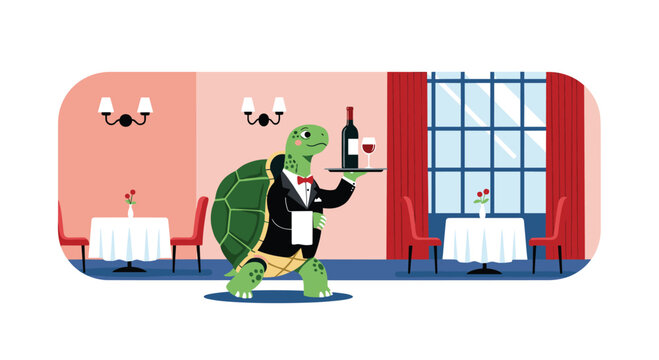Sophisticated turtle wearing a tuxedo works as a waiter serving red wine in an elegant and quiet restaurant setting.
