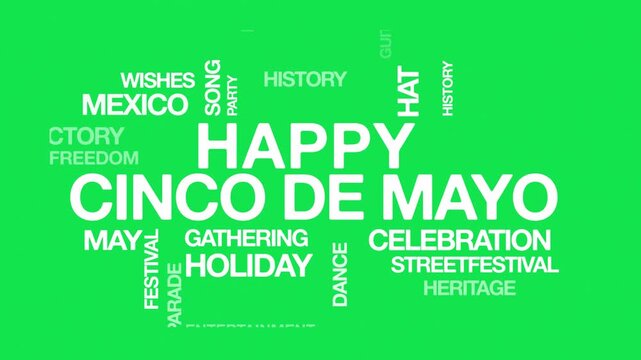 happy Cinco de Mayo concept Animated Tag Word Cloud kinetic typography, Text Design Animation typography seamless loop video motion graphics Intro Wordart tagcloud green screen background bg backdrop 