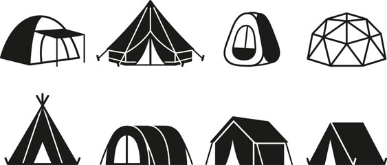 Collection of various camping tent in black and white silhouette style for outdoor activities © Rakibul