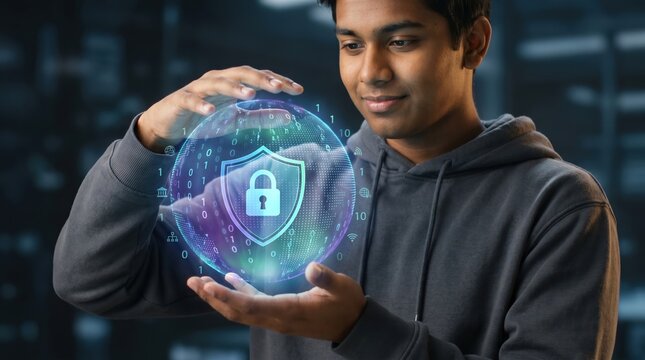 Gen Z ethical hacker developing biometric data privacy protocols