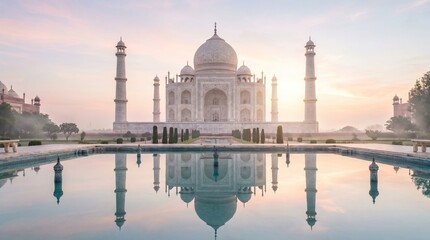 Obraz premium Stunning Taj Mahal with reflection in the water pool during a misty golden sunrise