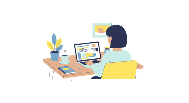 Woman working on laptop at desk with plant and coffee, home office setup, illustration