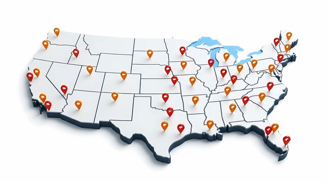 3d map of the united states of america with location pins isolated on white background