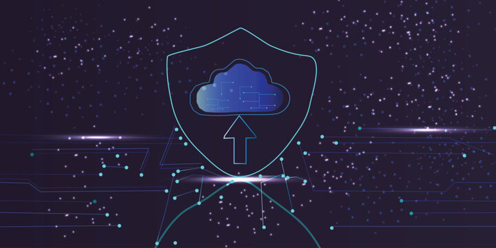 Cloud Security Protection Concept with Shield and Upload Arrow, Cybersecurity Data Protection, Secure Network Technology Background Design