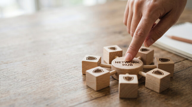 Network hub finger touching wooden network hub federated learning ai concept
