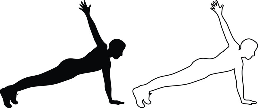 Woman plank side plank yoga pose silhouette and outline.