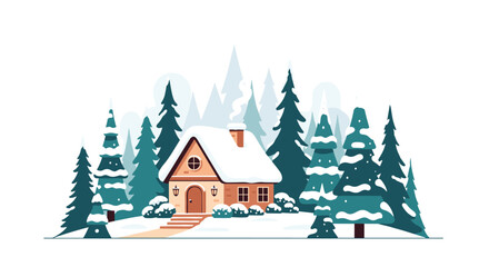 Obraz premium Picturesque winter scene of a cozy cabin covered in snow nestled within a dense forest of pine trees under a clear sky.
