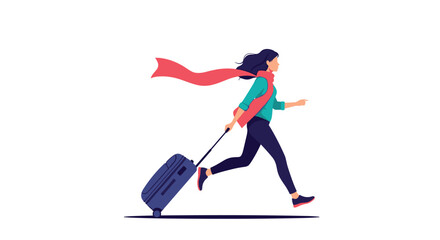 Obraz premium Young woman in a hurry running with a blue rolling suitcase and a long red scarf blowing in the wind on a white background.