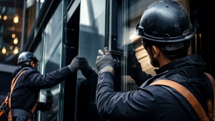 Fototapeta premium Construction workers install glass panels on a modern building in a busy city during daytime hours with tools and safety gear
