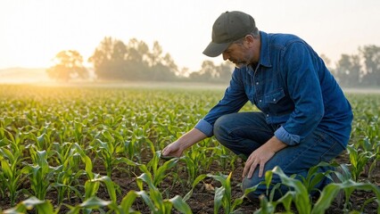 Farm worker checks corn plants in field during early morning hours with sunlight shining in background