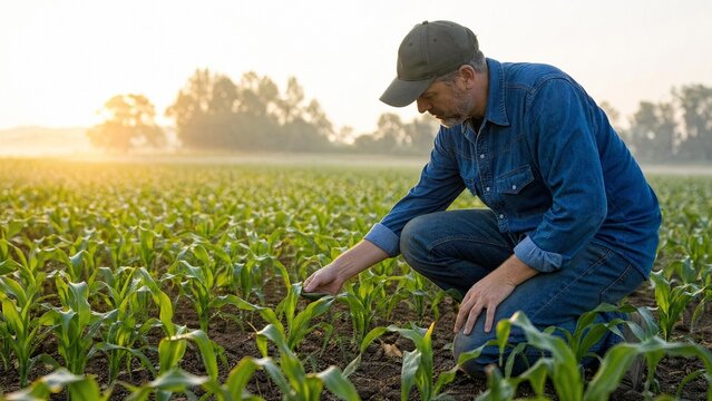 Farm worker checks corn plants in field during early morning hours with sunlight shining in background