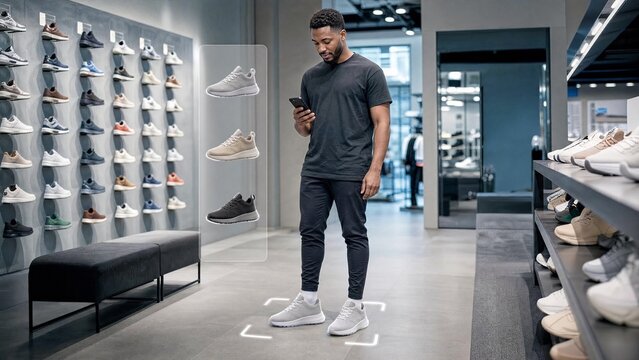 Man shops for shoes in a store and checks options on his phone while standing near a display of sneakers