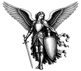 Naklejka premium angel warrior stands with sword shield wings and flowing robes in a vintage medieval engraving illustration