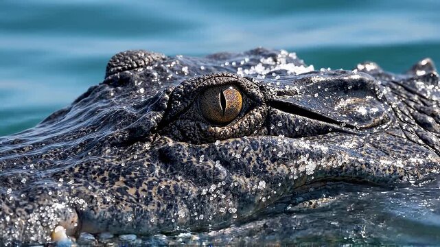 Extreme close up of a crocodile eye submerged in blue water