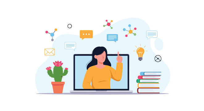 Concept of online education and e-learning with a female teacher appearing on a laptop screen surrounded by books and digital icons.