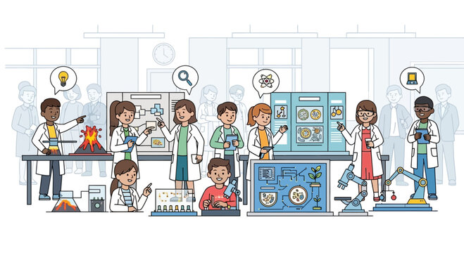 Diverse students in lab coats conducting science experiments and presenting projects in classroom