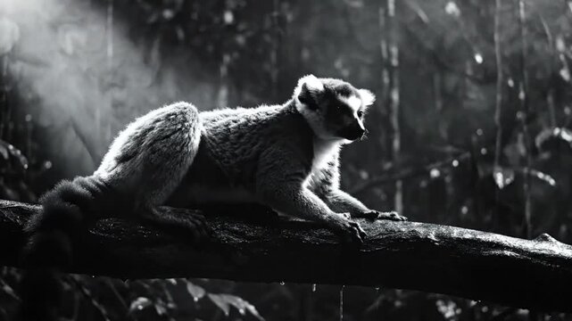 Ring-tailed lemur perched on a branch in a misty forest scene, wildlife black and white footage