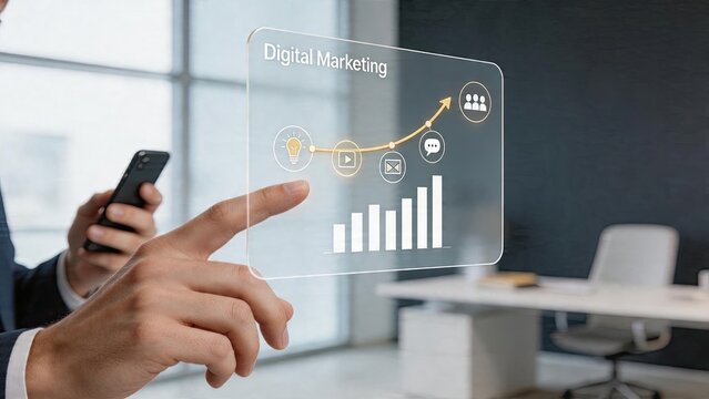 Businessman interacting with holographic digital marketing data visualization in modern office future technology interface growth chart analytics
